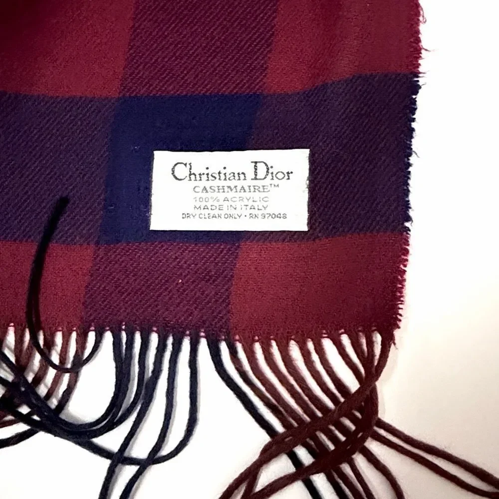 Christian Dior Cashmaire Scarf 100% Acrylic Made in Italy Plaid Fringe Vtg 80s